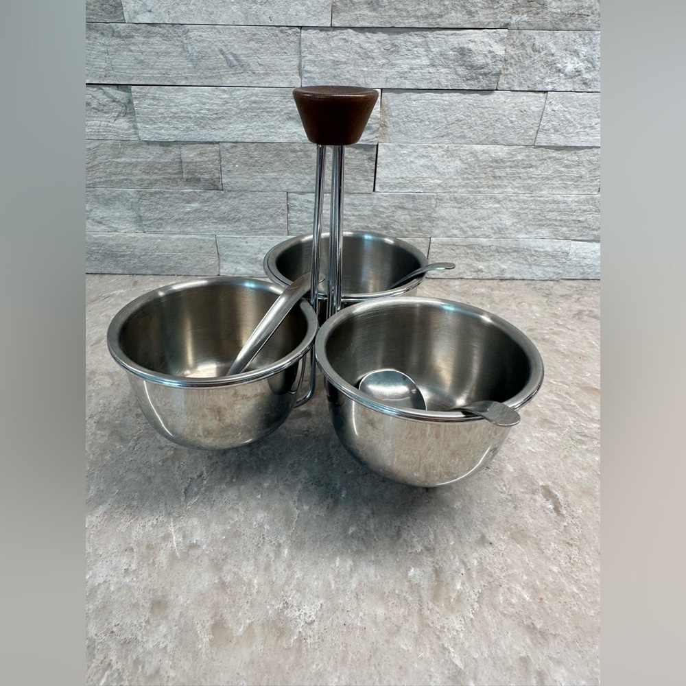 MCM Condiment Serving Set Stainless Bowls Caddy Wood Handle and Spoons Vtg